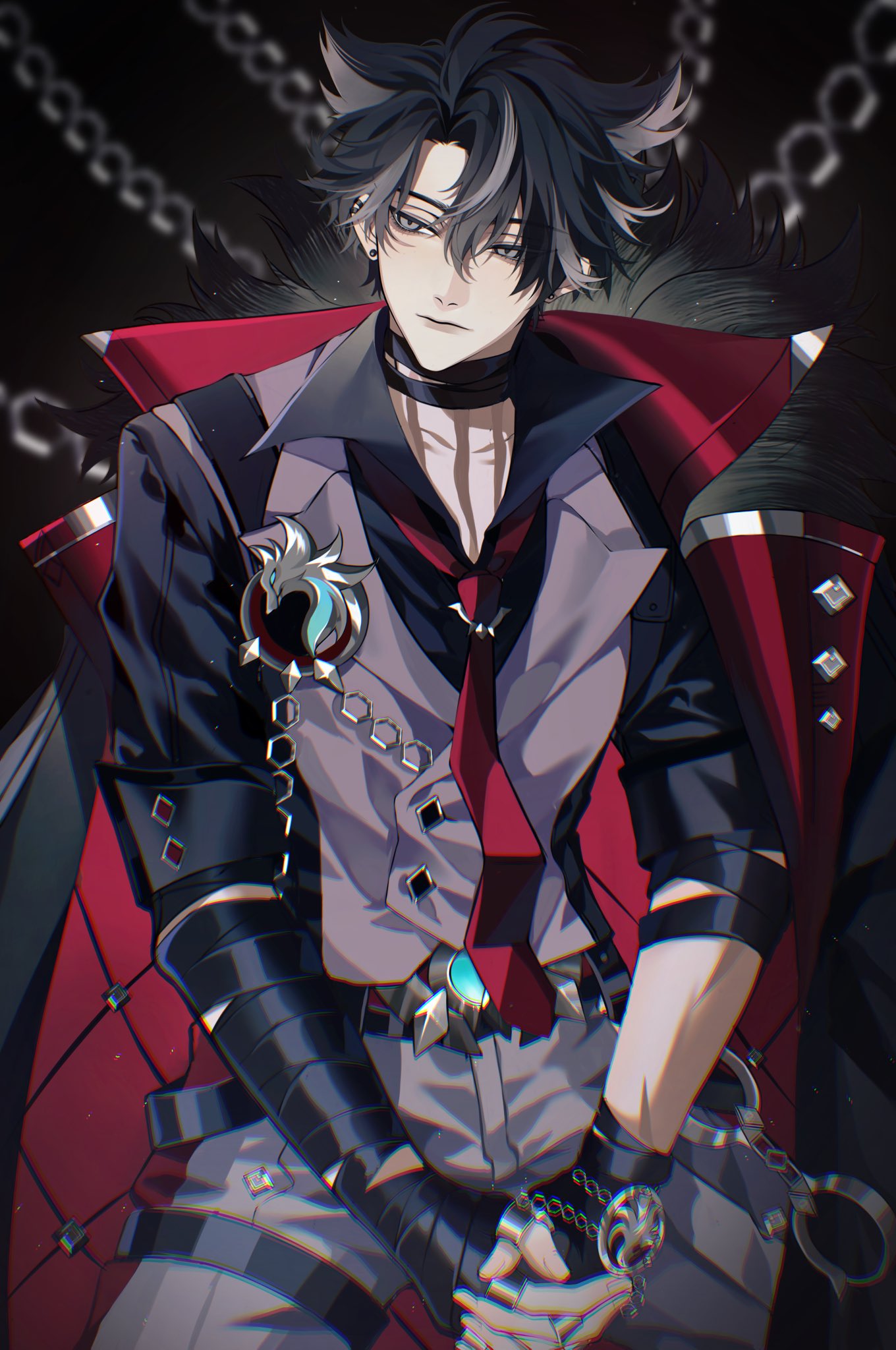 1boy, black_background, black_choker, black_hair, black_shirt, chain, choker, closed_mouth