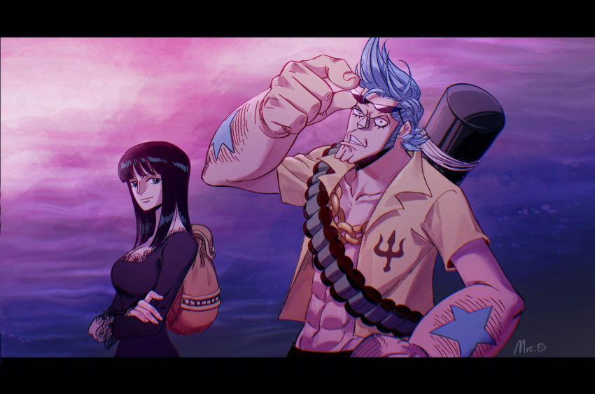 1boy, 1girl, artist_name, backpack, bag, black_eyes, black_hair, blue_hair