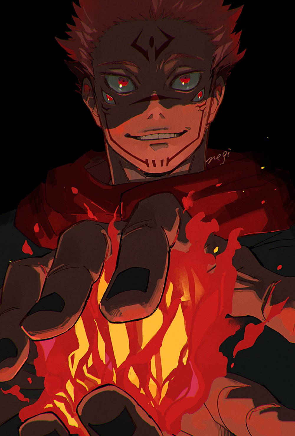 1boy, artist_name, black_background, black_jacket, black_nails, extra_eyes, facial_tattoo, fire