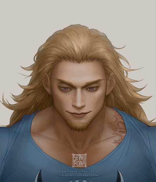 1boy, artist_name, blonde_hair, blue_shirt, closed_mouth, commentary, english_commentary, facial_hair