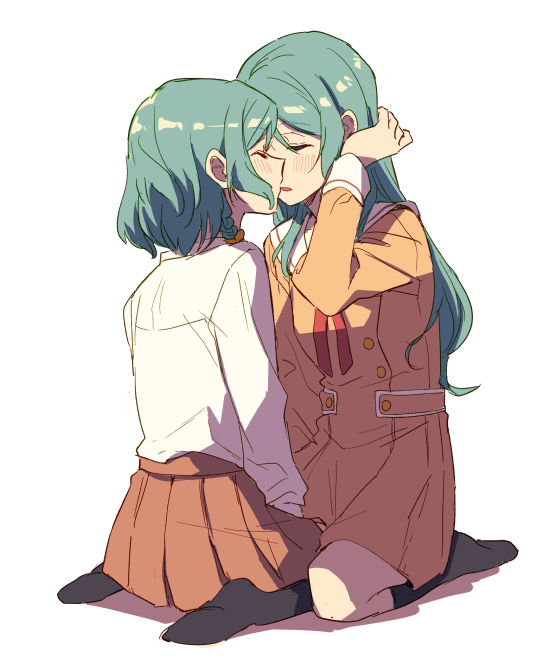 2girls, akni, aqua_hair, bang_dream!, brown_dress, closed_eyes, dress, hikawa_hina
