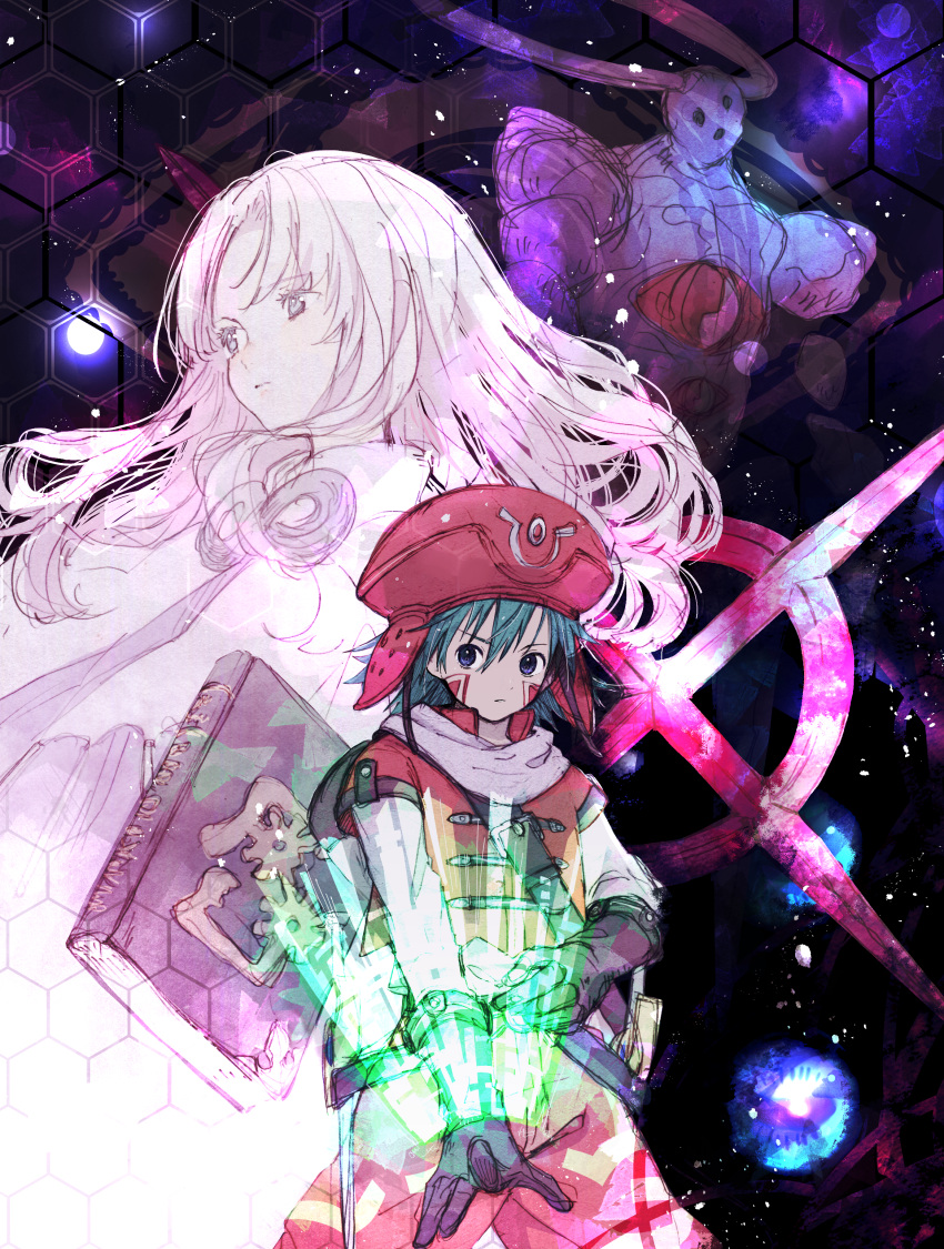 .hack//, .hack//games, 1boy, 1girl, absurdres, aura_(.hack//), book, brown_gloves, capelet, dot_nose, elbow_gloves, expressionless, gloves, green_eyes, green_hair, grey_eyes, hat, highres, honeycomb_(pattern), infinity_symbol, kite_(.hack//), legs_apart, long_hair, looking_at_viewer, looking_to_the_side, red_headwear, ruhuna_02, skeith_(.hack//), standing, white_capelet, white_hair