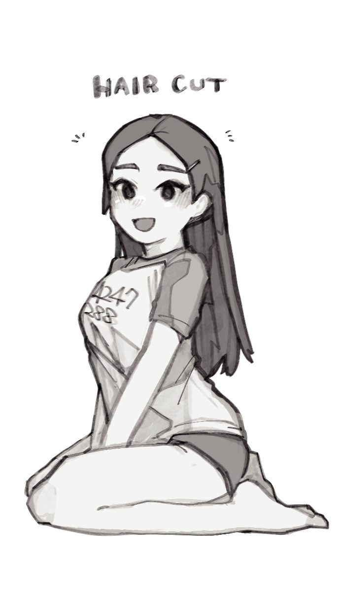 1girl, :d, arm_between_legs, barefoot, blush, english_text, from_side, full_body