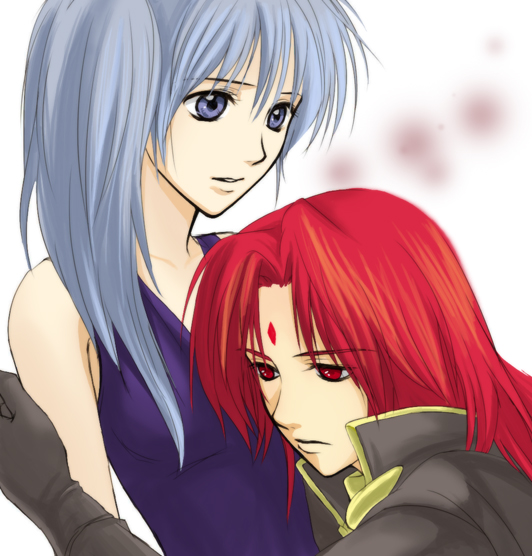 1girl, blue_eyes, couple, facial_mark, fire_emblem, fire_emblem:_seisen_no_keifu, fire_emblem_genealogy_of_the_holy_war, forehead_mark, hug, ishtar_(fire_emblem), musakoji, red_eyes, red_hair, redhead, side_ponytail, silver_hair, yurius_(fire_emblem)