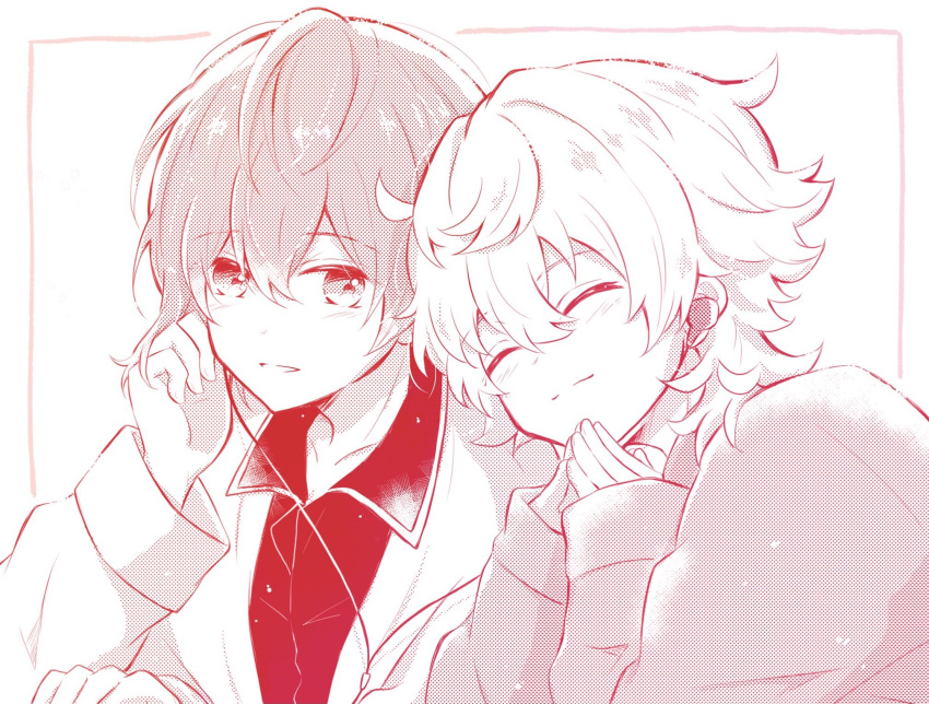 2boys, border, closed_eyes, closed_mouth, collared_shirt, earphones, hari_nyan_nyan, highres