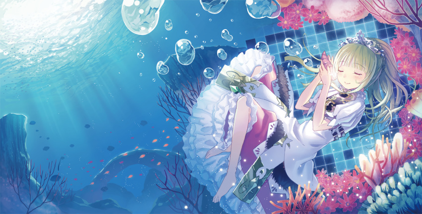 blonde_hair, bubble, closed_eyes, coral, fish, flower, kichiroku, princess_(sekaiju)