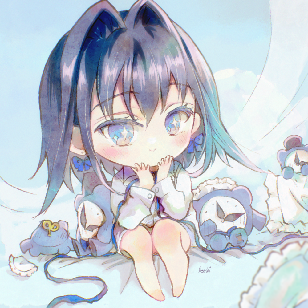 alternate_costume, asashi_kaede, barefoot, black_hair, blue_eyes, blue_hair, blush, bow, bow_earrings, chibi, earrings, gradient_hair, hair_intakes, hands_on_own_cheeks, hands_on_own_face, hololive, hololive_english, jewelry, kronie_(ouro_kronii), multicolored_hair, no_pants, ouro_kronii, shirt, short_hair, sleepwear, sparkling_eyes, virtual_youtuber, watercolor_effect, white_shirt