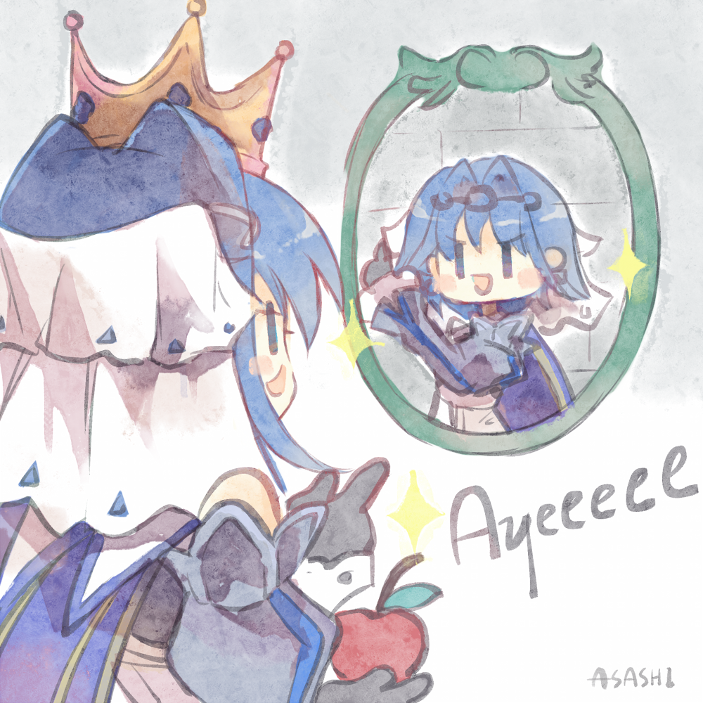 :d, apple, asashi_kaede, bare_shoulders, blue_eyes, blue_hair, blush_stickers, chain_headband