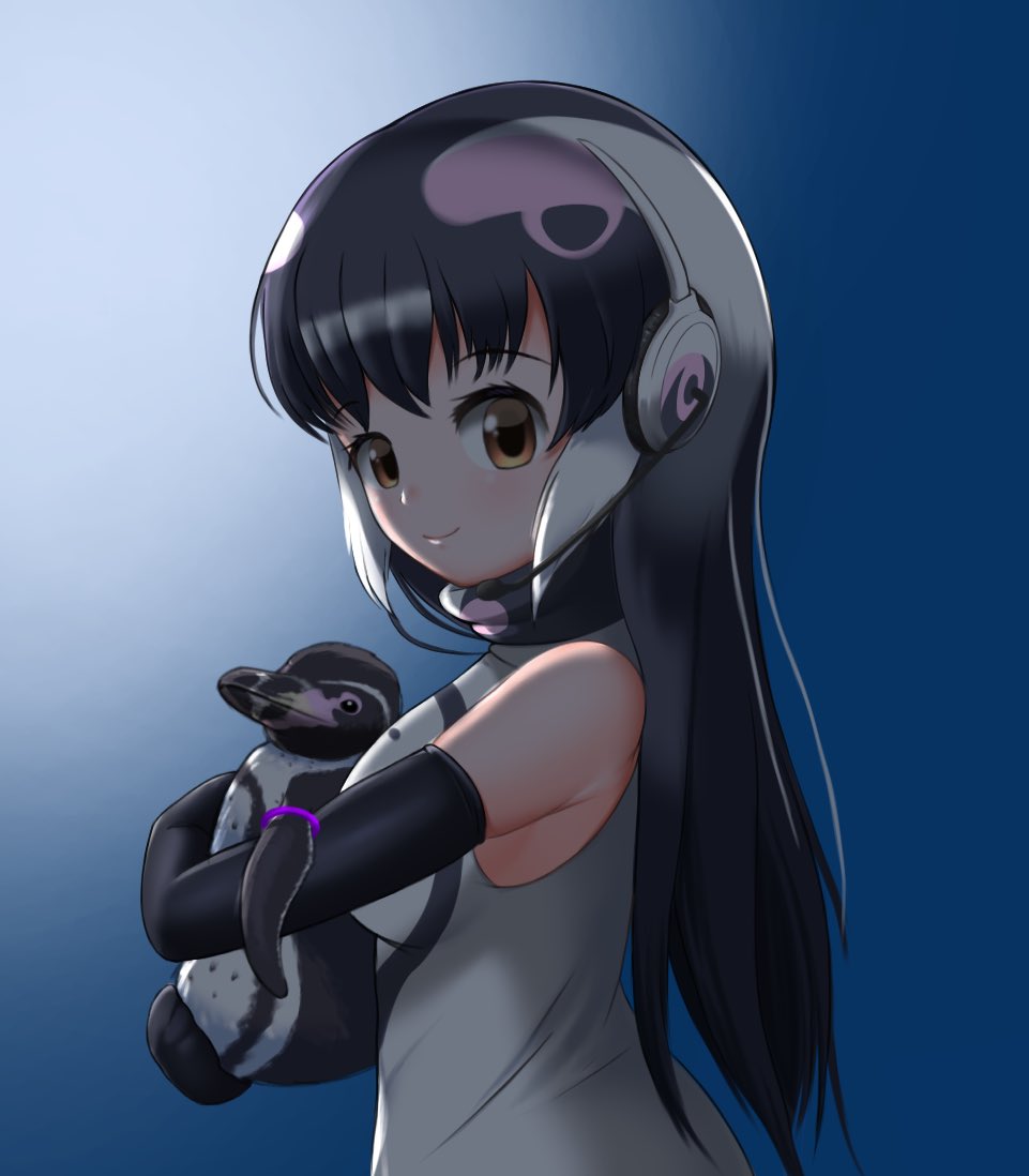 1girl, african_penguin_(kemono_friends), bird, black_hair, brown_eyes, elbow_gloves, gloves, grape-kun