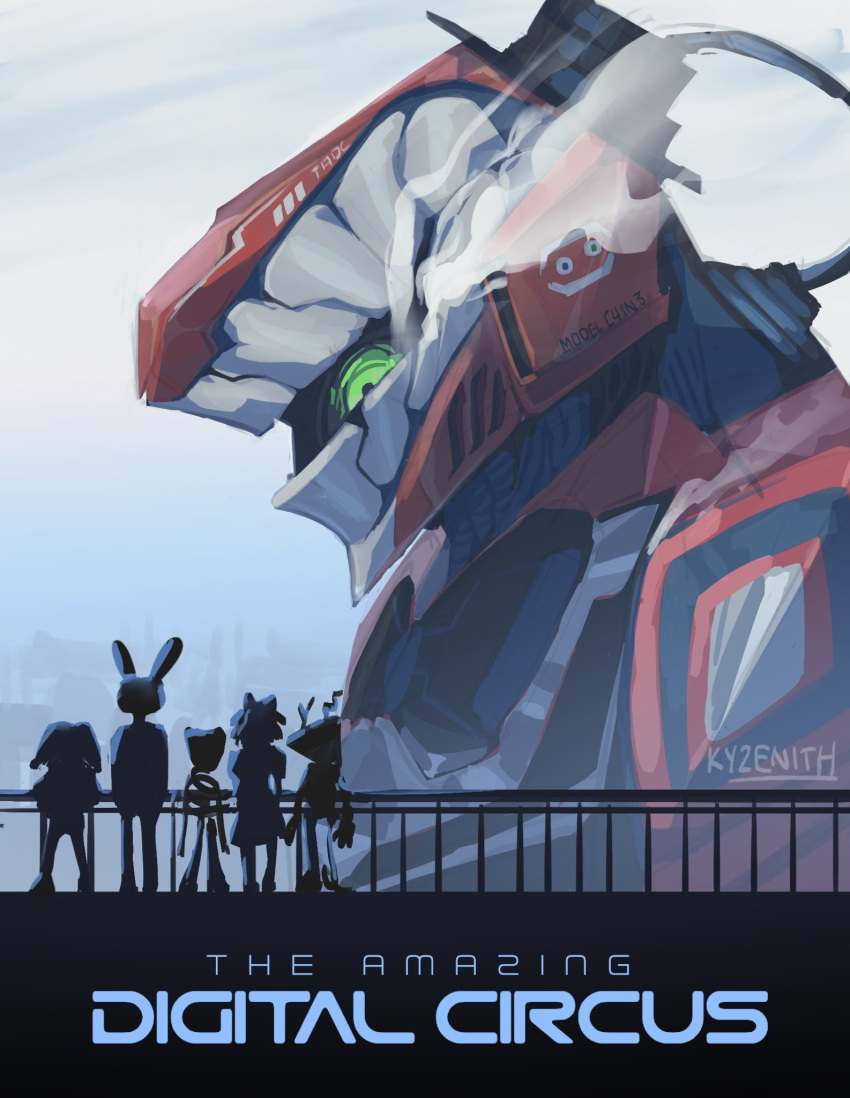 2boys, 4girls, caine_(the_amazing_digital_circus), cityscape, clouds, cloudy_sky, english_text, from_behind, gangle_(the_amazing_digital_circus), glowing, glowing_eye, green_eyes, highres, jax_(the_amazing_digital_circus), kyzenith, mecha, multiple_boys, multiple_girls, neon_genesis_evangelion, parody, pomni_(the_amazing_digital_circus), ragatha_(the_amazing_digital_circus), railing, robot, signature, sky, steam, the_amazing_digital_circus, zooble_(the_amazing_digital_circus)