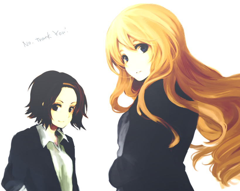 blonde_hair, blue_eyes, brown_eyes, brown_hair, hairband, hinasun, k-on!, kotobuki_tsumugi, long_hair, no_thank_you, no_thank_you!, short_hair, tainaka_ritsu