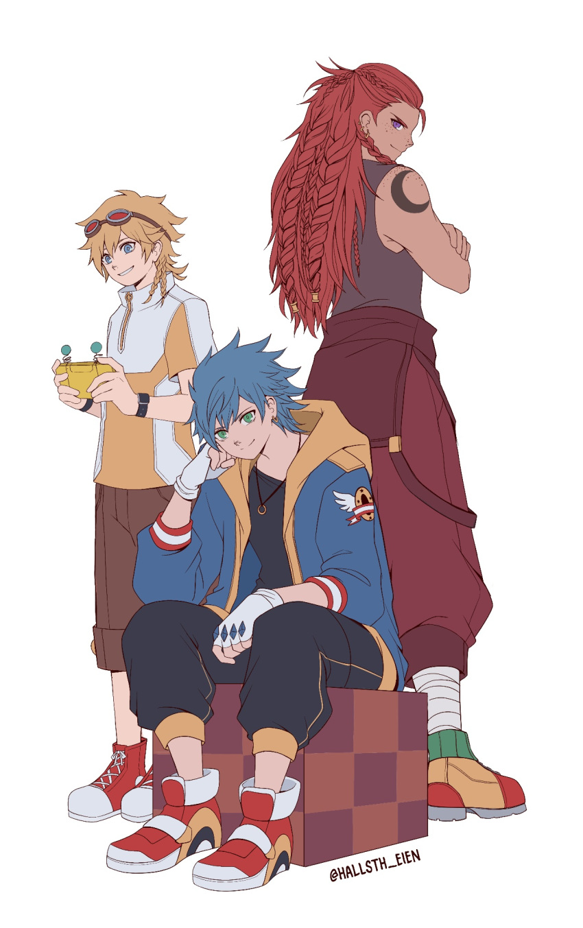 3boys, blonde_hair, blue_hair, blue_hoodie, dark-skinned_male, dark_skin, earrings, fingerless_gloves