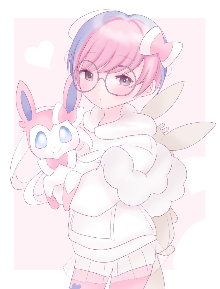 1girl, alternate_color, alternate_hair_color, backpack, bag, blue_hair, cowboy_shot, glasses, grey_eyes, heart, highres, holding, holding_pokemon, looking_at_viewer, mewfi, penny_(pokemon), pink_hair, pink_theme, pokemon, pokemon_(creature), pokemon_(game), pokemon_masters_ex, round_eyewear, sweater, sylveon
