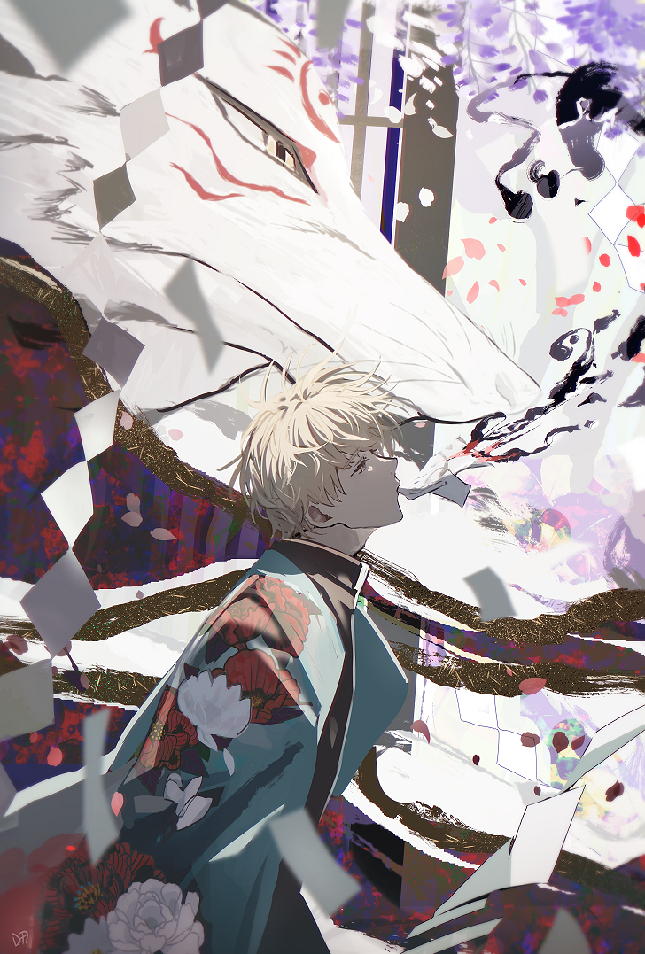 2boys, backlighting, blonde_hair, blue_kimono, commentary, daenarys, english_commentary, half-closed_eyes