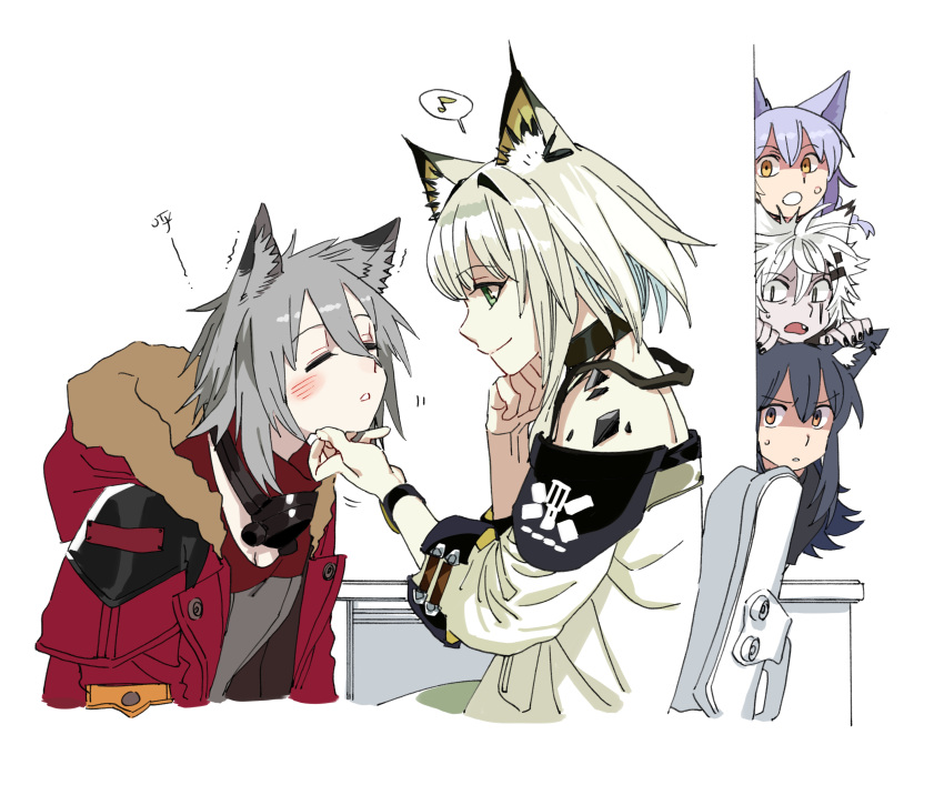 5girls, absurdres, animal_ear_piercing, animal_ears, arknights, black_hair, black_nails, blush, cat_ears, cat_girl, closed_eyes, disgust, dress, fang, fur-trimmed_hood, fur_trim, green_dress, green_eyes, hair_between_eyes, hair_ornament, hairclip, hand_on_another's_chin, head_rest, highres, hood, hooded_jacket, infection_monitor_(arknights), jacket, kal'tsit_(arknights), lappland_(arknights), long_hair, long_sleeves, looking_at_another, mask, mask_around_neck, multiple_girls, off-shoulder_dress, off_shoulder, open_mouth, oripathy_lesion_(arknights), peeking_out, projekt_red_(arknights), provence_(arknights), purple_hair, red_jacket, scar, scar_across_eye, scar_on_face, scratching_chin, shaded_face, smile, star_of_life, stroking_another's_chin, surprised, sweatdrop, texas_(arknights), white_hair, wolf_ears, wolf_girl, yellow_eyes, yu_yanshu