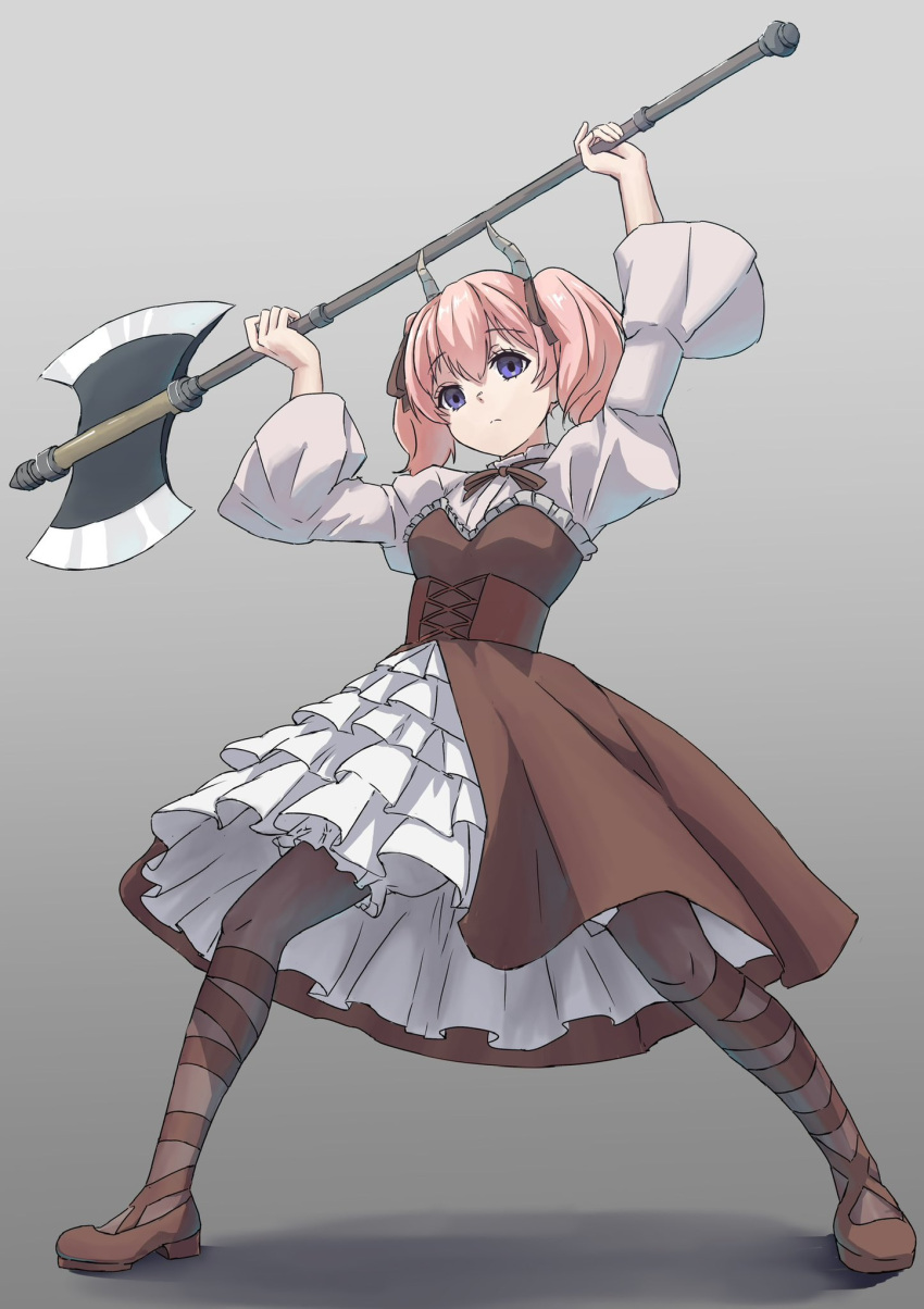 1girl, axe, blouse, brown_dress, brown_footwear, brown_ribbon, collared_shirt, corset