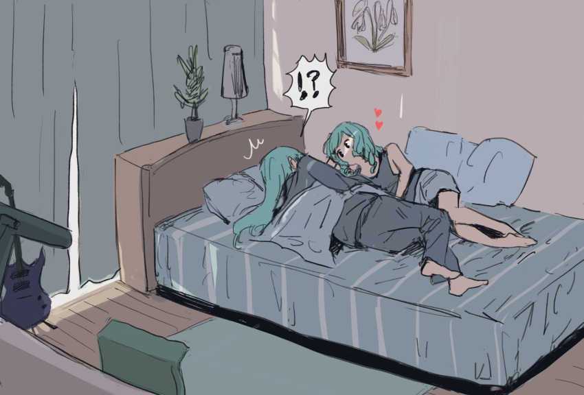 !?, 2girls, aqua_hair, bang_dream!, barefoot, bedroom, blanket, blue_pajamas, blue_tank_top, commentary_request, grey_shorts, guitar, heart, highres, hikawa_hina, hikawa_sayo, implied_sleep_molestation, incest, instrument, lamp, looking_at_another, medium_hair, morning, multiple_girls, on_bed, pajamas, picture_(object), picture_frame, pillow, pine_(pinepipp), plant, potted_plant, shorts, siblings, sisters, sketch, staring, tank_top, twincest, twins, yuri