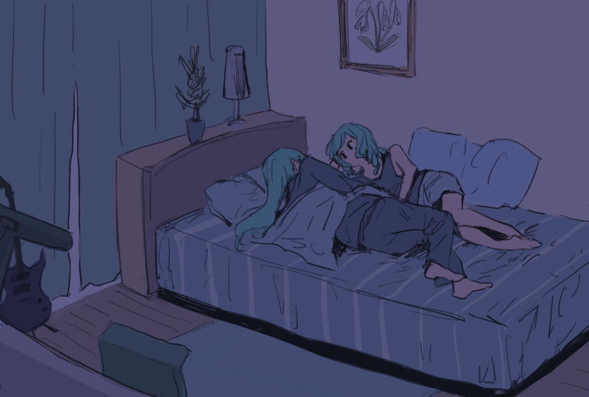 2girls, aqua_hair, bang_dream!, barefoot, bedroom, blanket, blue_pajamas, blue_tank_top, commentary_request, grey_shorts, guitar, highres, hikawa_hina, hikawa_sayo, implied_sleep_molestation, incest, instrument, lamp, looking_at_another, medium_hair, multiple_girls, night, on_bed, pajamas, picture_(object), picture_frame, pillow, pine_(pinepipp), plant, potted_plant, shorts, siblings, sisters, sketch, sleeping, staring, tank_top, twincest, twins, yuri