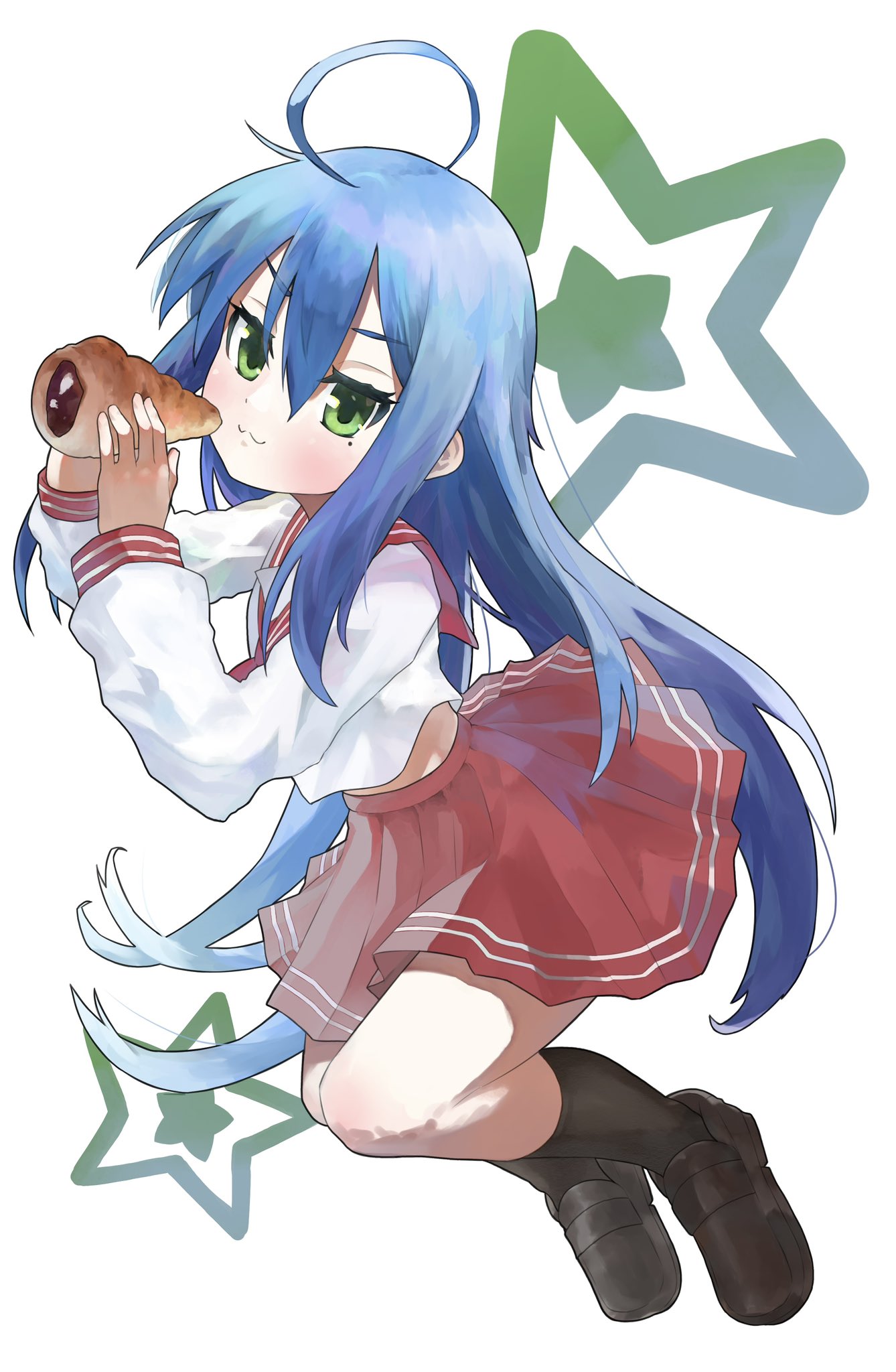 1girl, :3, bebebel_a, blue_hair, brown_footwear, brown_socks, chocolate_cornet, food