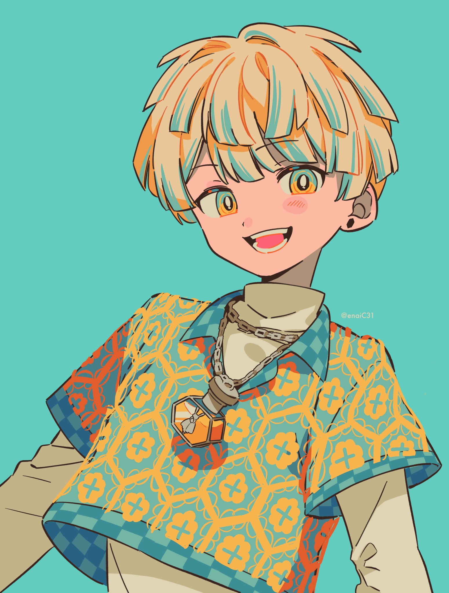 1boy, animal_ears, blonde_hair, blue_background, blush, bright_pupils, chain, hibachi_mana