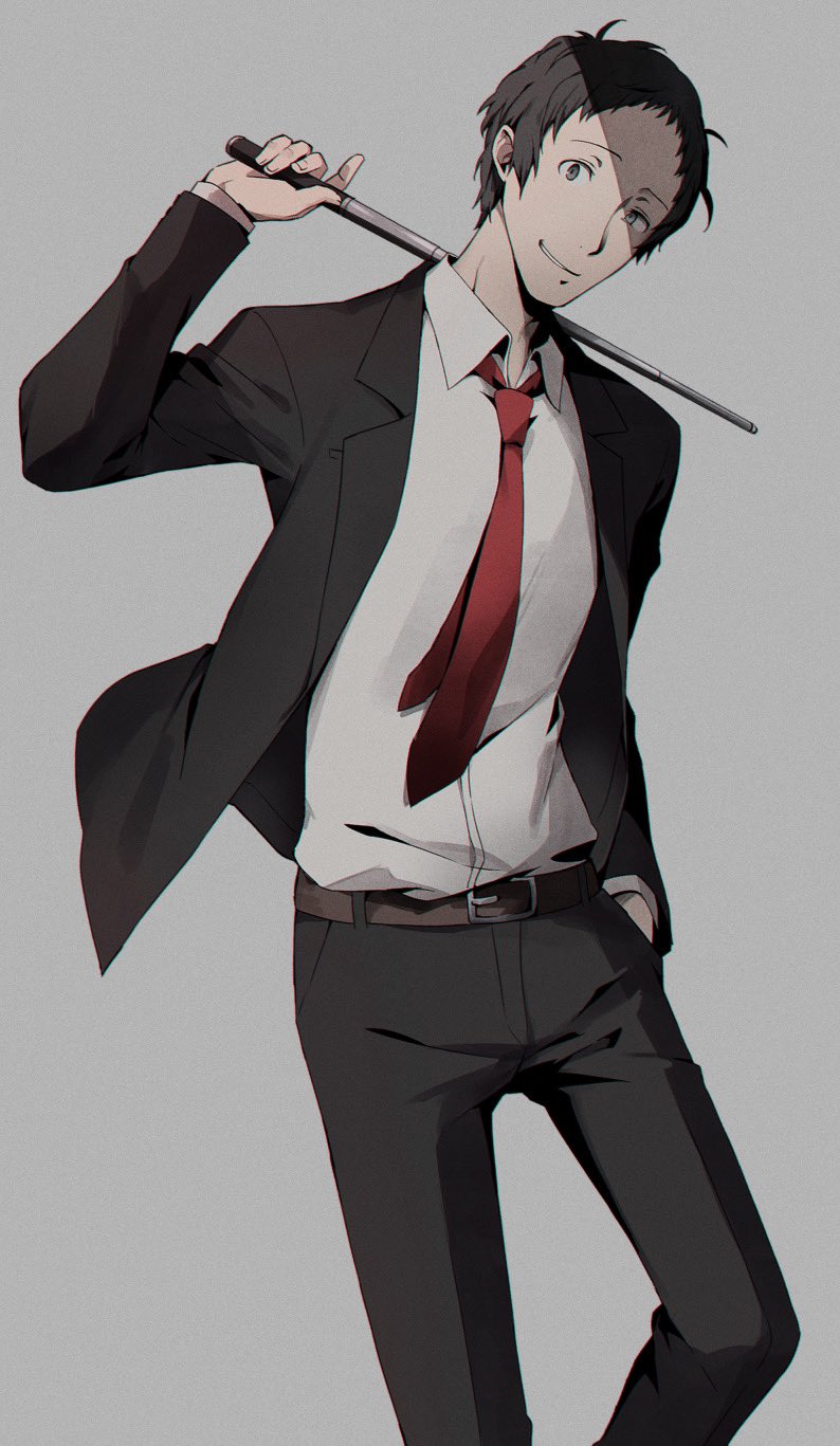 1boy, adachi_tooru, baton_(weapon), belt, black_hair, black_jacket, black_pants, brown_belt