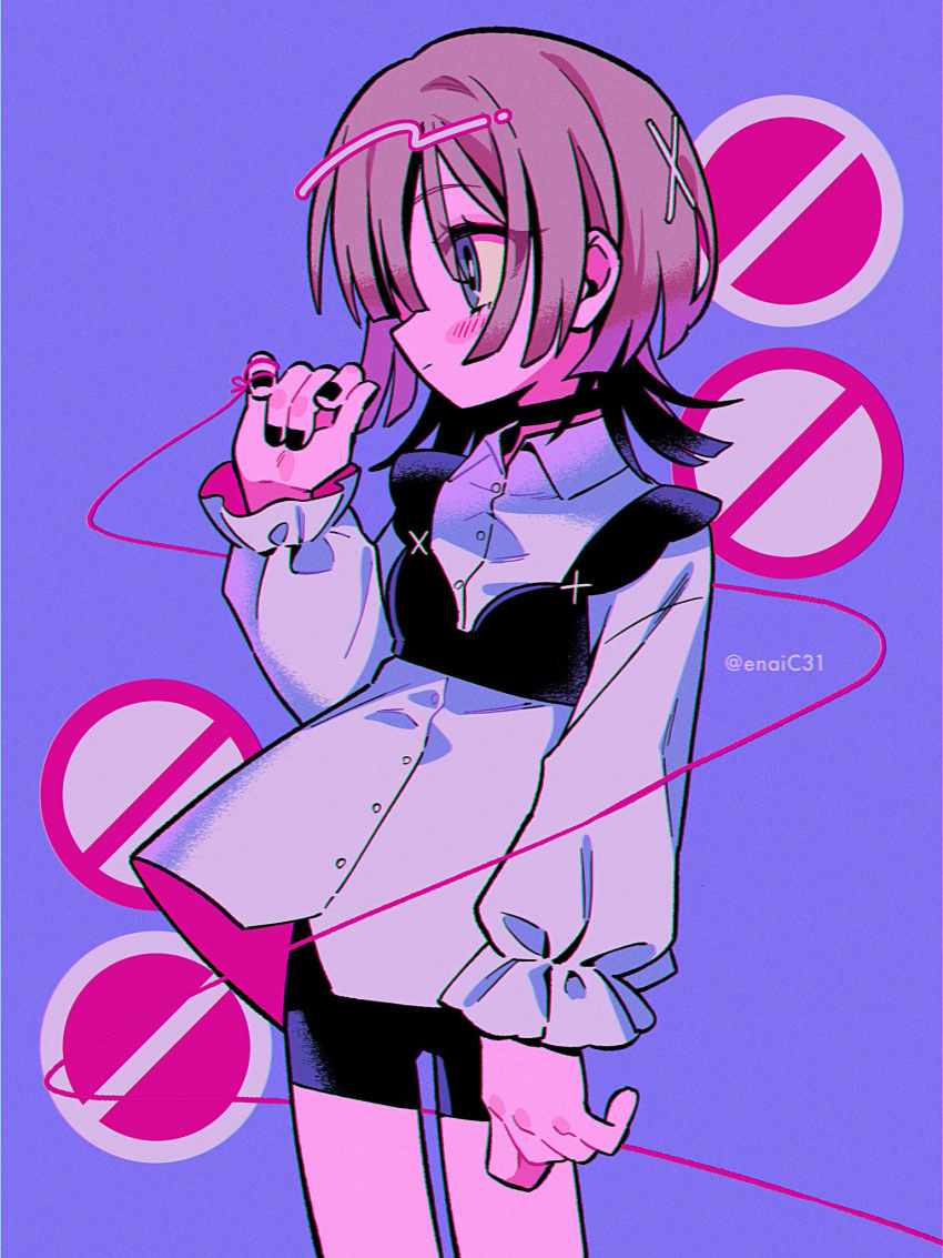black_nails, black_shorts, blue_eyes, blush, brown_hair, buttons, character_request, closed_mouth