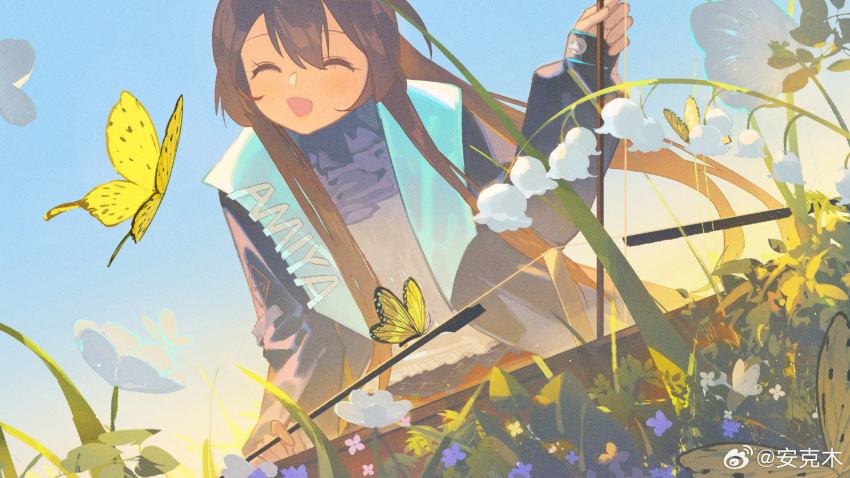 1girl, ^_^, amiya_(arknights), arknights, black_jacket, blue_skirt, blue_sky, blush
