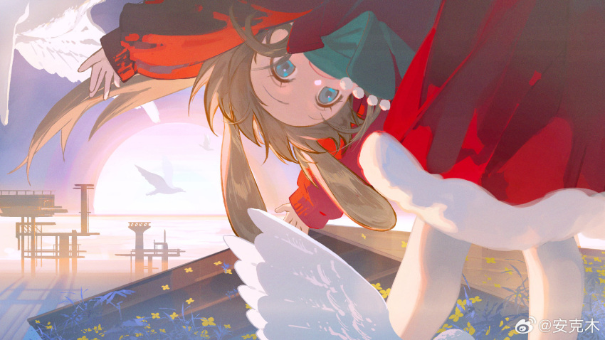 1girl, amiya_(arknights), animal_ears, arknights, bent_over, bird, blue_eyes, brown_hair, dress, green_scarf, highres, long_hair, long_sleeves, looking_at_viewer, lubusi, open_mouth, outdoors, pantyhose, rabbit_ears, rabbit_girl, red_dress, scarf, seagull, solo, sunrise, upside-down, water, weibo_logo, weibo_username, white_pantyhose
