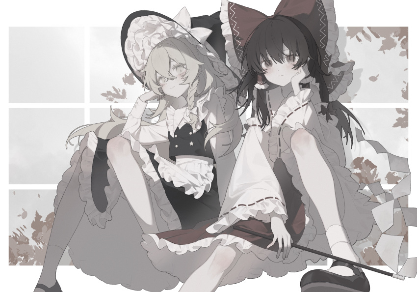 2girls, absurdres, apron, bare_shoulders, black_eyes, black_hair, black_headwear, black_skirt