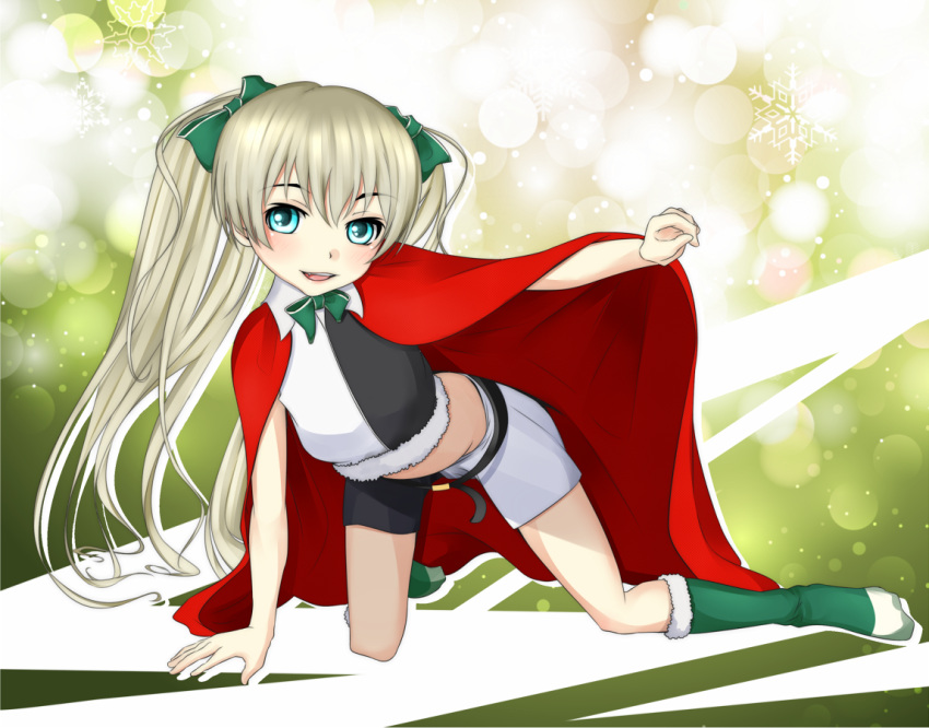 1girl, all_fours, alternate_eyebrows, belt, black_belt, black_shirt, black_shorts, blonde_hair