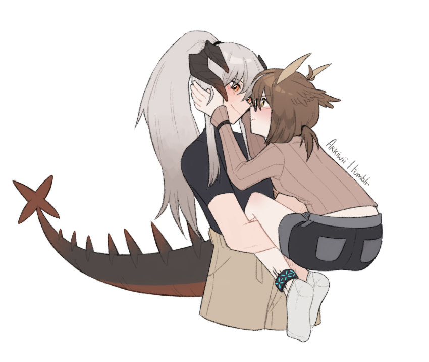 2girls, arkiwi, arknights, black_shirt, black_shorts, blue_eyes, blush, brown_hair