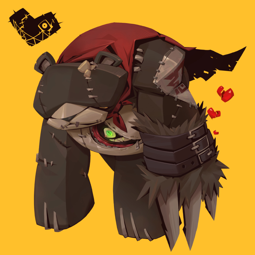 972819623datiancai, cape, digimon, digimon_(creature), full_body, green_eyes, heart, highres, red_cape, sharp_teeth, stitches, stuffed_animal, stuffed_toy, teddy_bear, teeth, warumonzaemon, wrist_belt, yellow_background, zipper