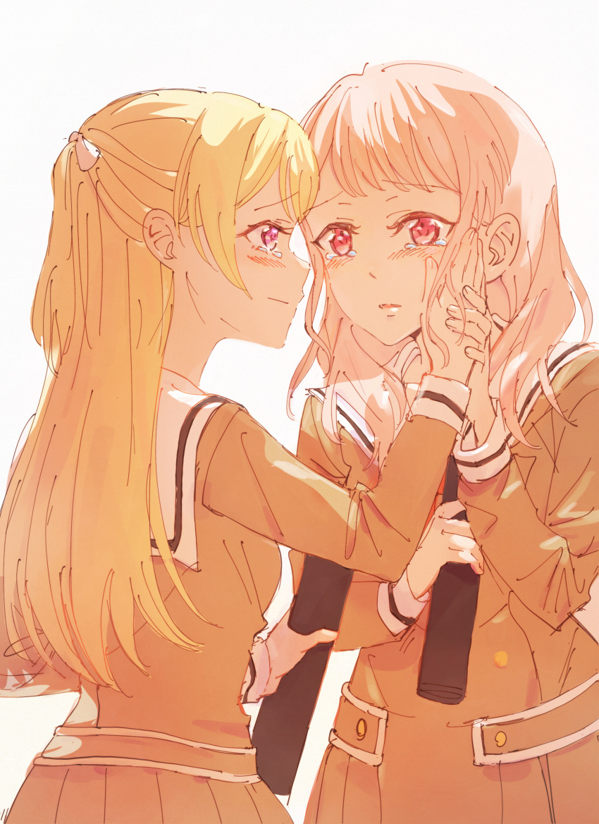 2girls, absurdres, bang_dream!, blonde_hair, brown_dress, dress, hand_on_another's_face, highres