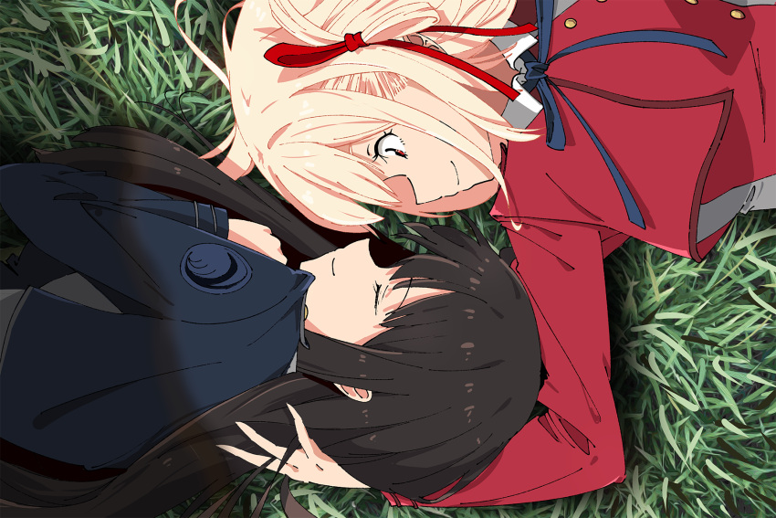 2girls, black_hair, blonde_hair, blue_dress, blue_ribbon, closed_eyes, closed_mouth, commentary, dress, eyelashes, grass, grey_dress, hair_ribbon, highres, inoue_takina, long_eyelashes, long_hair, looking_at_another, lycoris_recoil, lycoris_uniform, lying, misskiwi, multiple_girls, nishikigi_chisato, on_back, on_side, red_dress, red_eyes, red_ribbon, ribbon, short_hair, smile, two-tone_dress, upper_body, yuri
