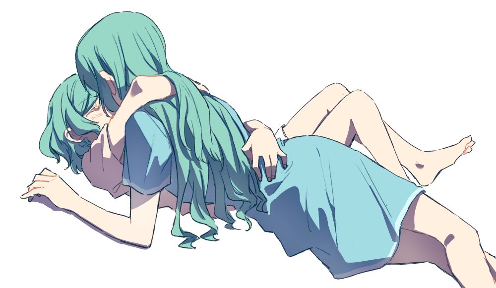 2girls, akni, aqua_hair, bang_dream!, blue_nightgown, closed_eyes, hand_on_another's_waist, hikawa_hina