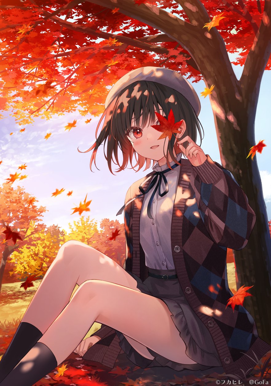 1girl, ankle_socks, artist_name, autumn, autumn_leaves, black_ribbon, black_socks, blush, brown_hair, cardigan, commentary_request, dappled_sunlight, day, falling_leaves, fukahire_(ruinon), highres, holding, holding_leaf, leaf, long_sleeves, looking_at_viewer, maple_leaf, maple_tree, neck_ribbon, one_eye_covered, open_cardigan, open_clothes, original, outdoors, parted_lips, plaid_cardigan, puffy_long_sleeves, puffy_sleeves, red_eyes, ribbon, shirt, shirt_tucked_in, sitting, socks, solo, sunlight, thighs, tree, under_tree, white_headwear, white_shirt