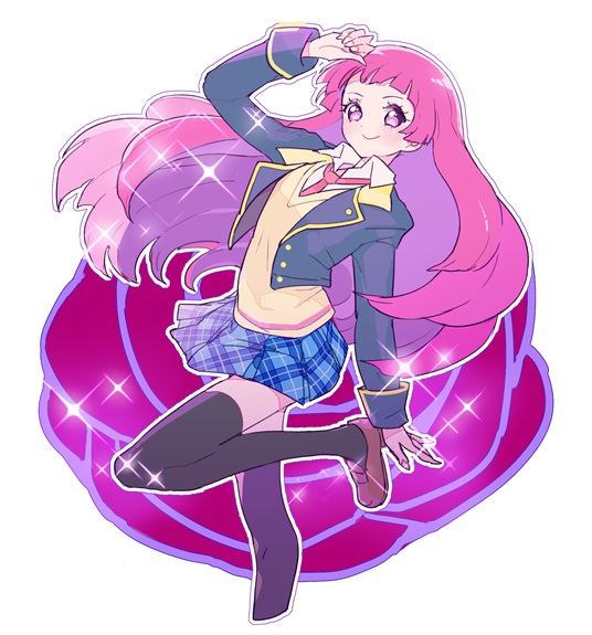 1girl, arm_up, black_thighhighs, blue_jacket, blue_skirt, blunt_bangs, brown_footwear, closed_mouth