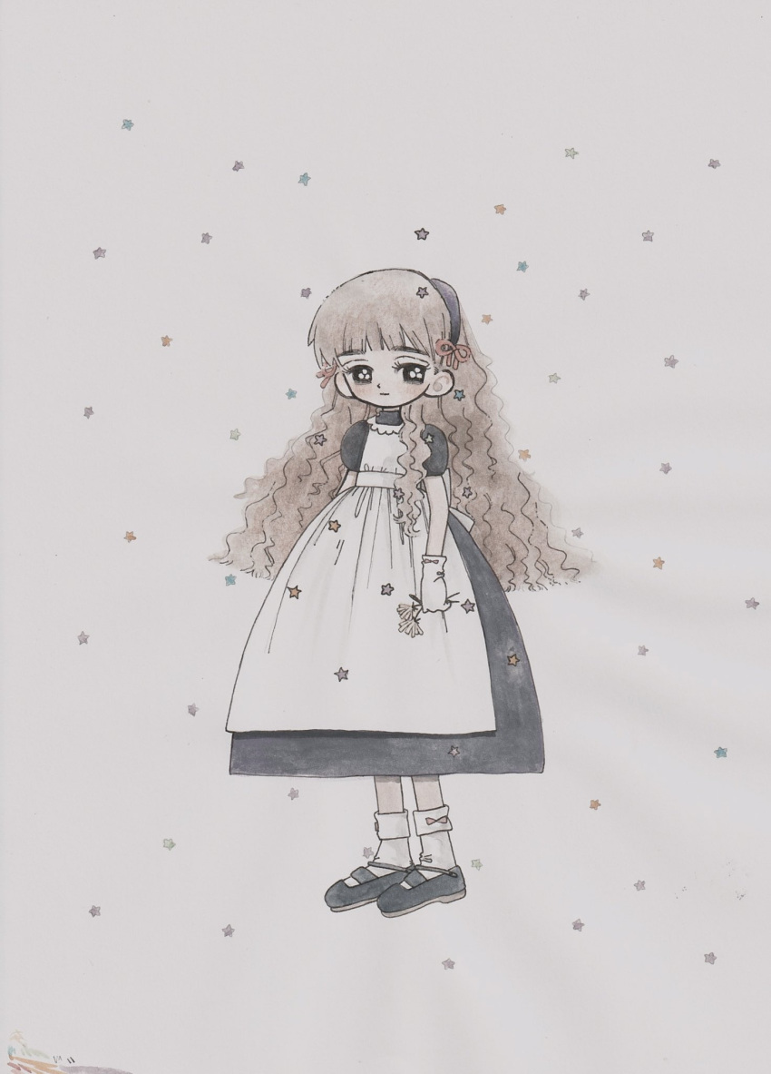 1girl, apron, black_dress, black_footwear, blunt_bangs, blunt_ends, bobby_socks, brown_hair, closed_mouth, dress, flower, full_body, fuminooco, gloves, hairband, highres, holding, holding_flower, light_blush, long_hair, looking_at_viewer, mary_janes, original, puffy_short_sleeves, puffy_sleeves, shoes, short_sleeves, simple_background, socks, solo, standing, star_(symbol), traditional_media, very_long_hair, wavy_hair, white_apron, white_background, white_gloves, white_socks