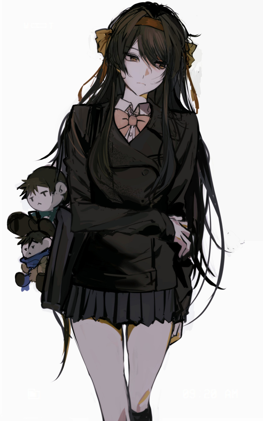 1girl, absurdres, black_coat, black_skirt, black_socks, bow, bowtie, brown_eyes