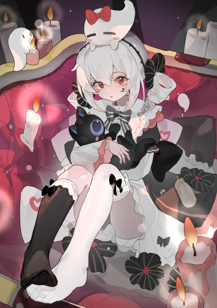 1girl, absurdres, black_bow, bow, candle, cat, character_request, copyright_request