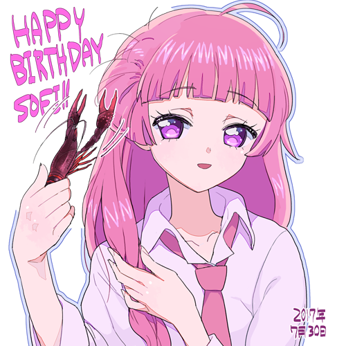 1girl, :d, ahoge, animal, blunt_bangs, brushing_hair, brushing_own_hair, character_name