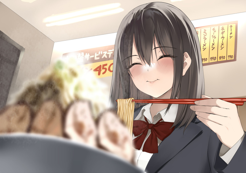 1girl, black_hair, blazer, blush, bow, bowl, cabbage, char-siu