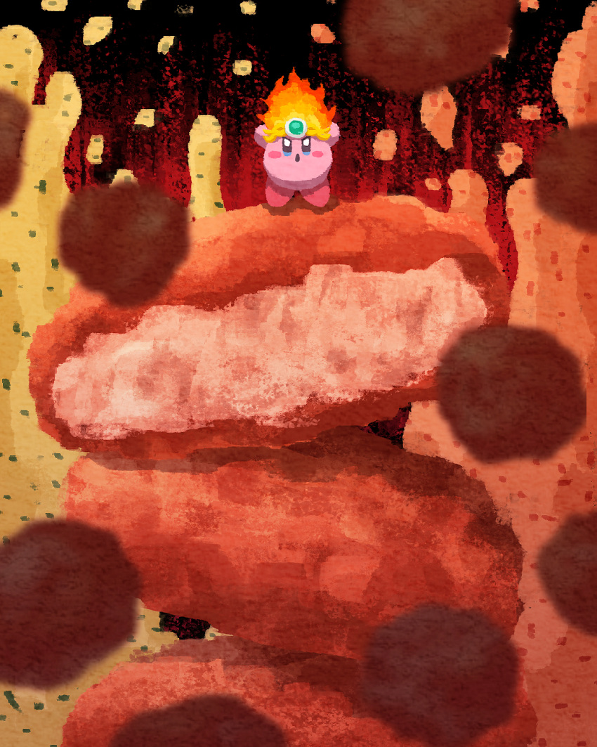 blue_eyes, blush_stickers, chicken_nuggets, copy_ability, crown, fire, fire_kirby, food