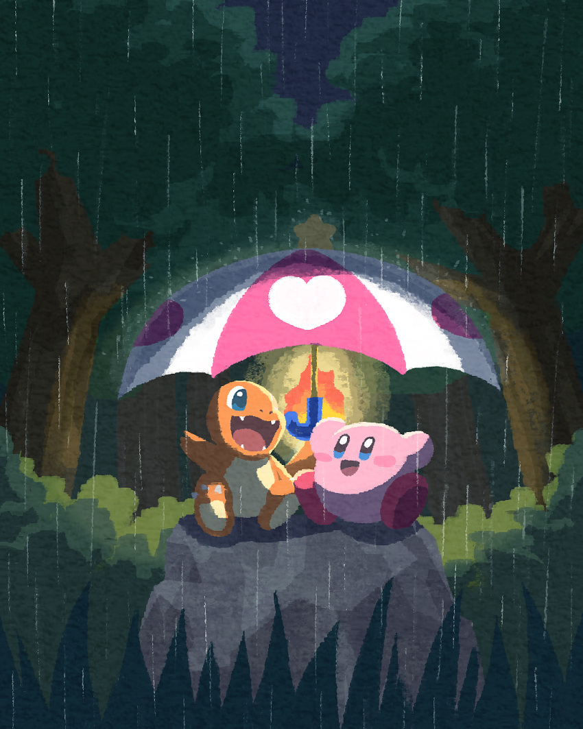 :d, blue_eyes, blush, blush_stickers, bush, charmander, commentary, crossover