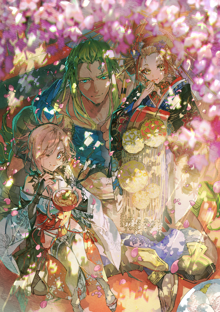 1boy, 2girls, absurdres, berserker_(fate/samurai_remnant), blue_eyes, brown_eyes, brown_hair, cherry_blossoms