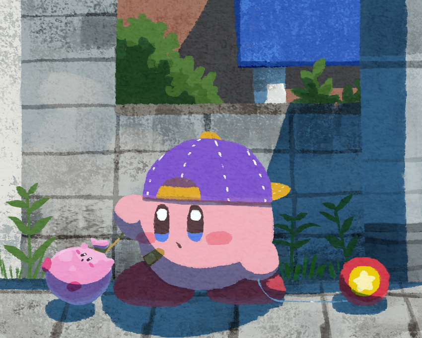 backwards_hat, bandaid, bandaid_on_face, baseball_cap, blue_eyes, blue_headwear, blush_stickers, esp_kirby, grass, hat, kirby, kirby_(series), miclot, no_humans, open_mouth, outdoors, pink_footwear, shoes, water_balloon, water_yoyo, yo-yo