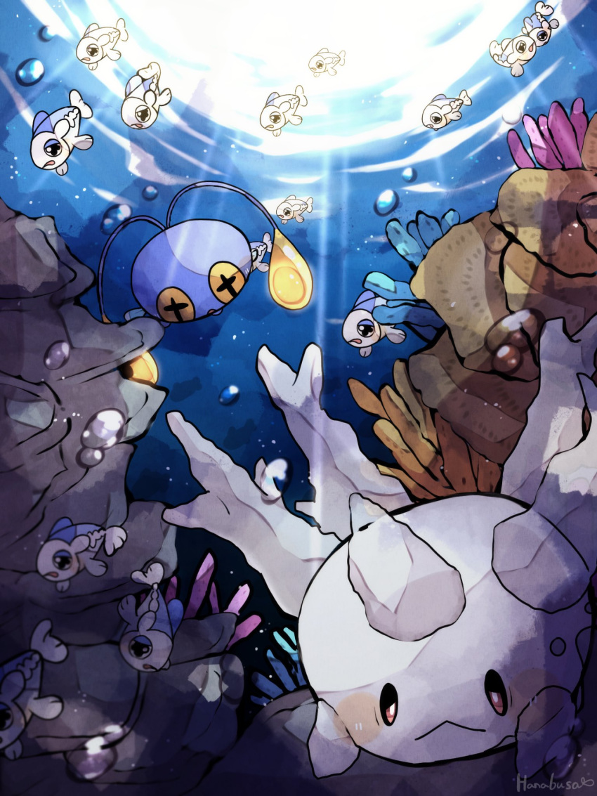 animal_focus, antennae, blue_skin, bubble, chinchou, colored_skin, commentary_request, coral