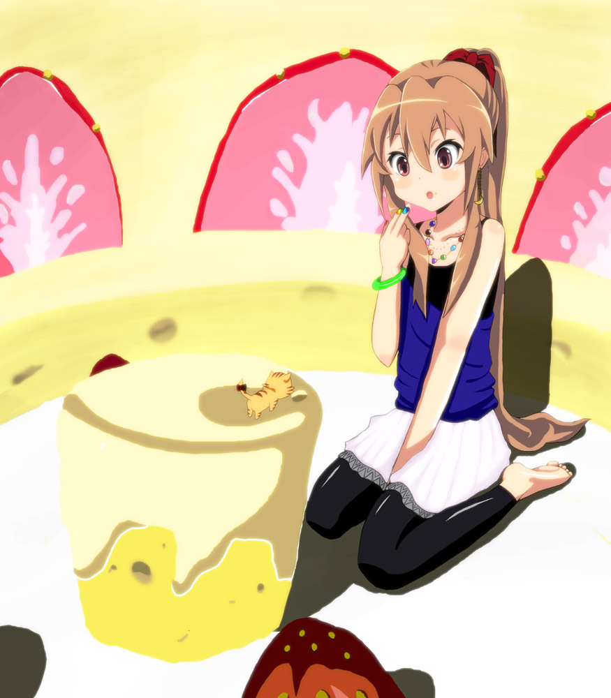 bad_id, barefoot, brown_eyes, brown_hair, cake, casual, food, k-on!