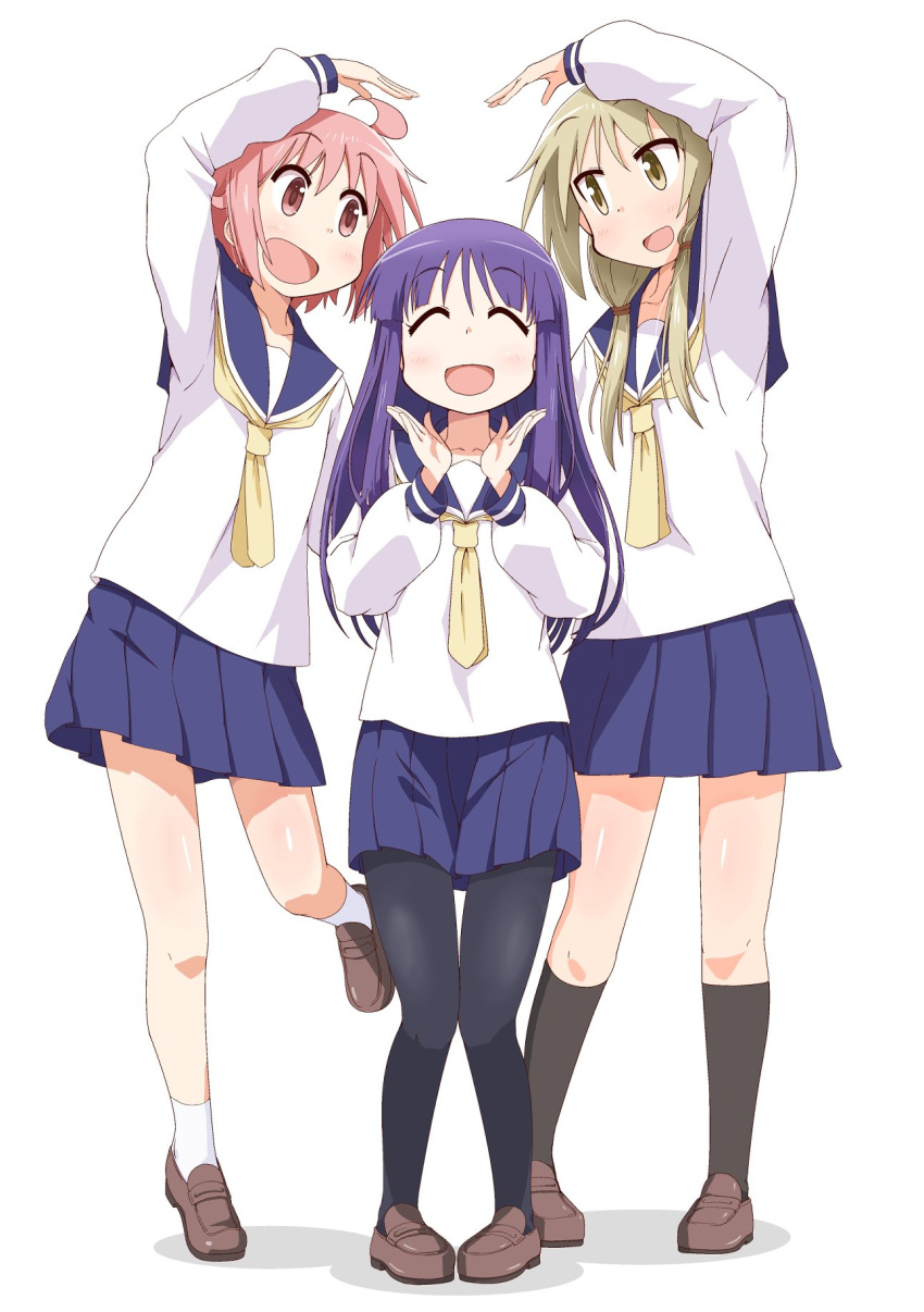 3girls, :d, ahoge, black_pantyhose, black_socks, blonde_hair, blue_sailor_collar, blue_skirt