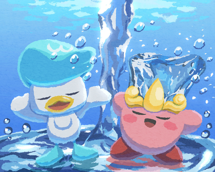 bird, blush_stickers, closed_eyes, copy_ability, crossover, crown, duck, kirby